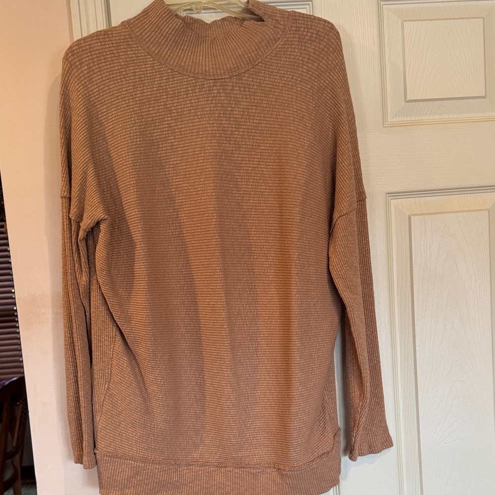 We The Free Ribbed Mock Neck Tunic Sweater in Light Brown